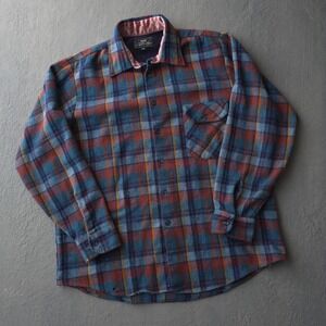 Vintage 70s Sears Blue Plaid Wool Blend Flannel Shirt Large Made in Korea